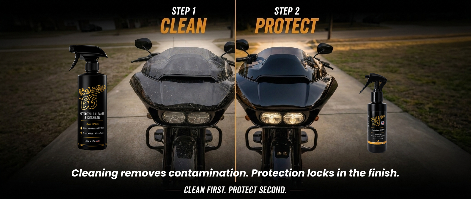 Clean First. Protect Second. — Two-step motorcycle care