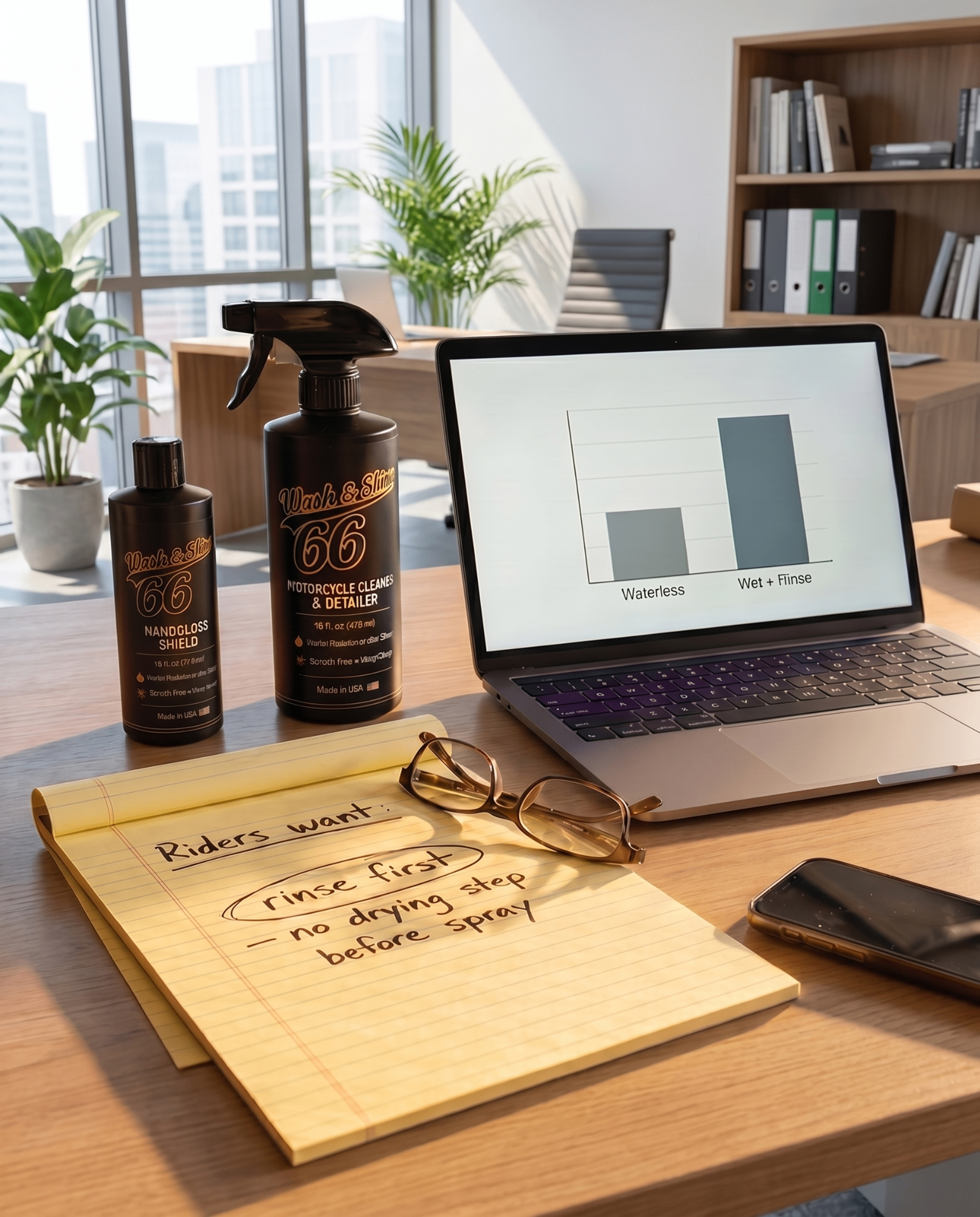 Rider feedback and development bench — Wash&Shine 66 Pro Formula products with research notes and comparison chart
