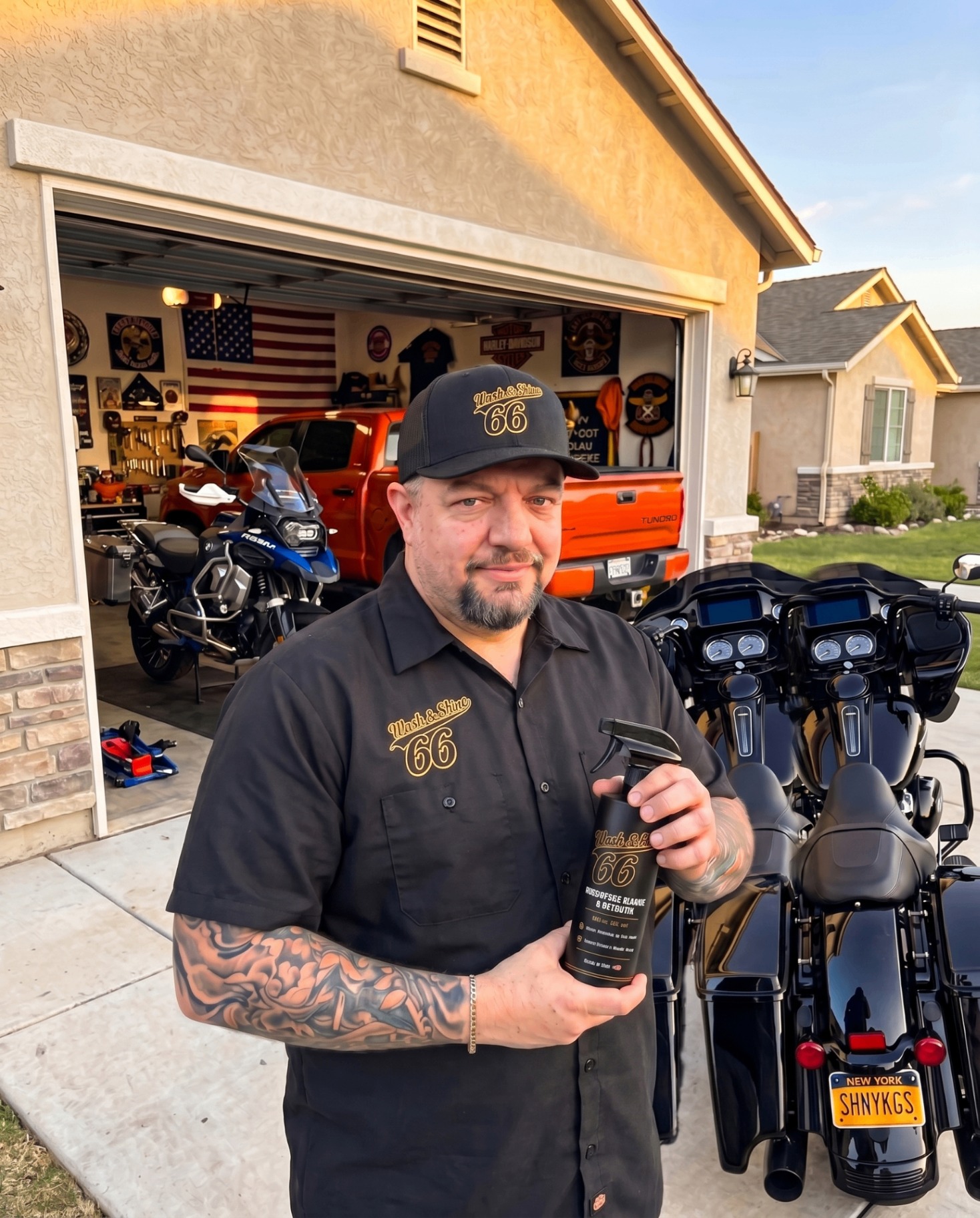 Athanasios Aki Vamparis, founder of Wash&Shine 66, holding the Pro Formula spray bottle in front of his garage and Harley-Davidson